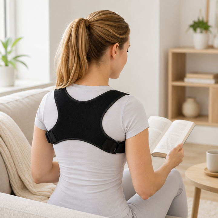 Folded adjustable posture corrector and shoulder support brace ready to pack