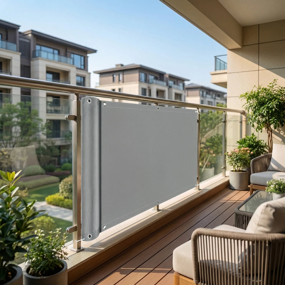 Gray outdoor privacy balcony screen installed on a modern apartment railing