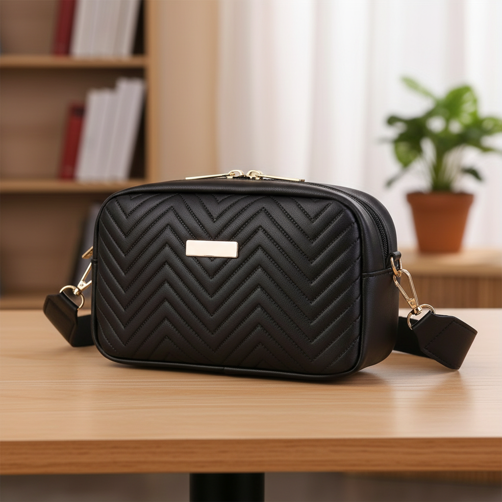 Black quilted mini crossbody bag resting on a wooden table with gold hardware details