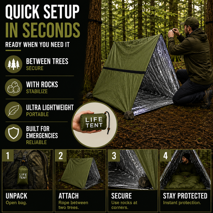 Compact windproof and waterproof emergency tent for two hikers