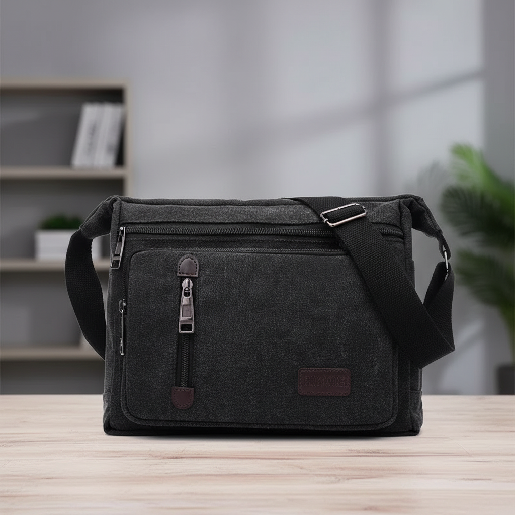 Men's retro canvas shoulder bag in black displayed against a neutral background
