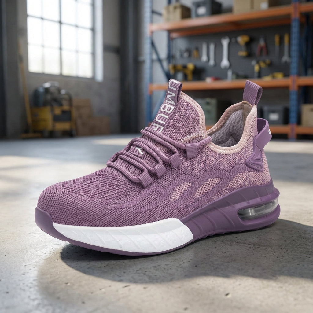 Purple women's lightweight safety sneaker displayed in an industrial workspace setting