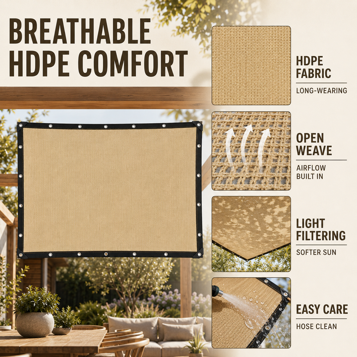 Close-up of durable UV blocking net fabric on a beige patio canopy