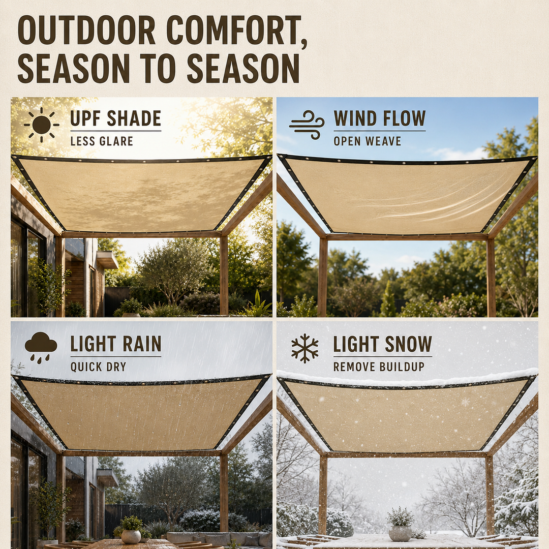 Durable stainless steel D-ring corner anchor on a garden shade sail