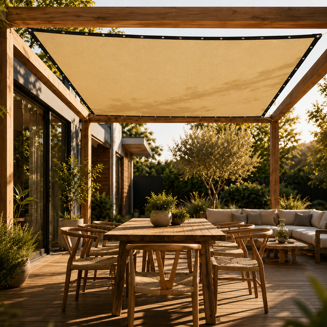 Beige rectangular sunshade awning installed over a modern wooden patio deck with outdoor dining furniture.