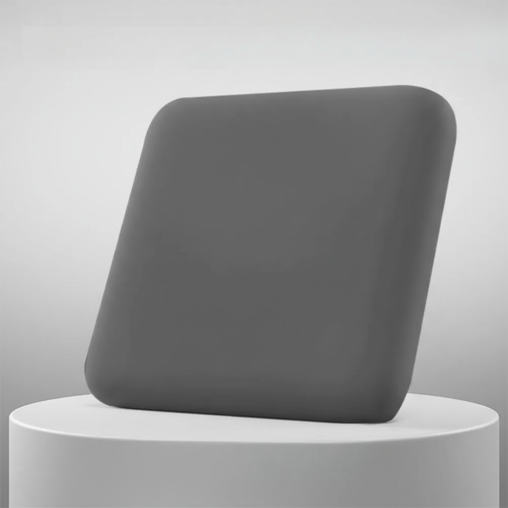 Dark grey square seat pad displayed on a white podium background
