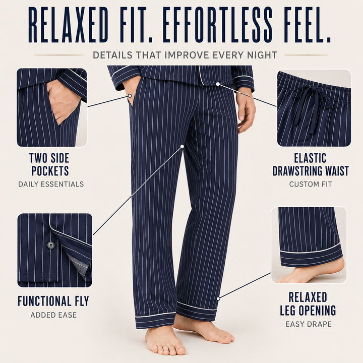 Close-up details of the men's pyjama lounge pants featuring side pockets and an elastic drawstring waist