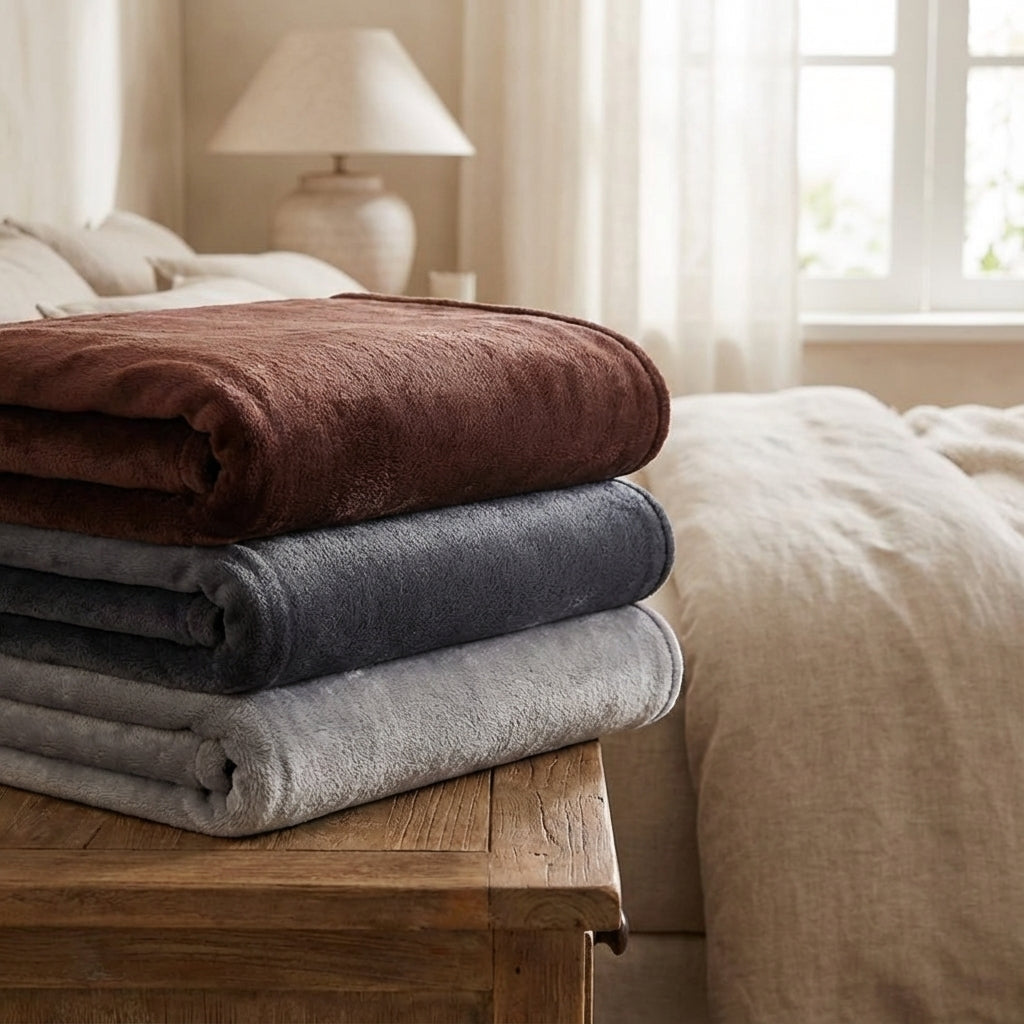 Folded plush throw blankets in various shades stacked on a rustic wooden table in a cozy bedroom setting.