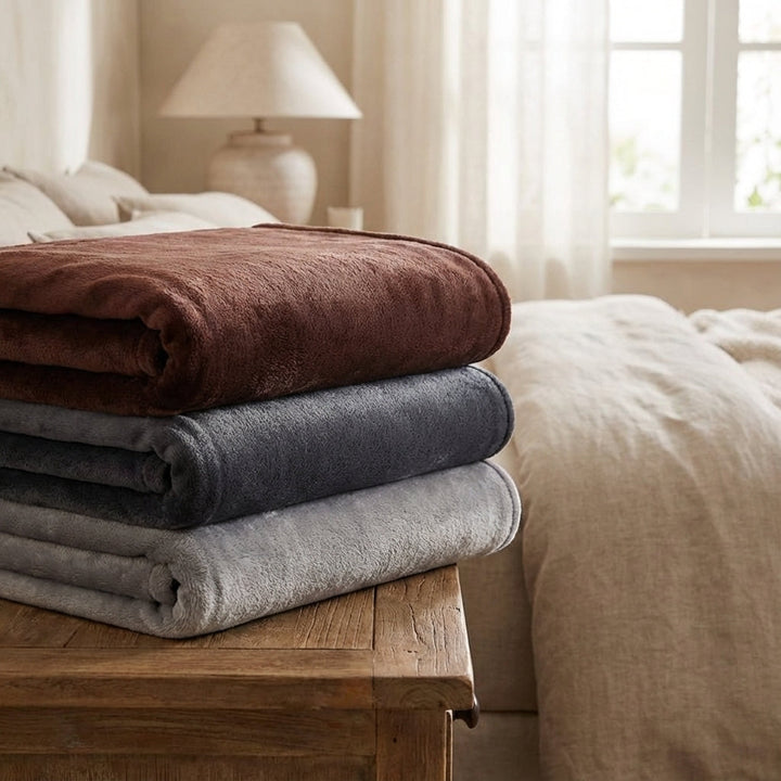 Folded plush throw blankets in various shades stacked on a rustic wooden table in a cozy bedroom setting.