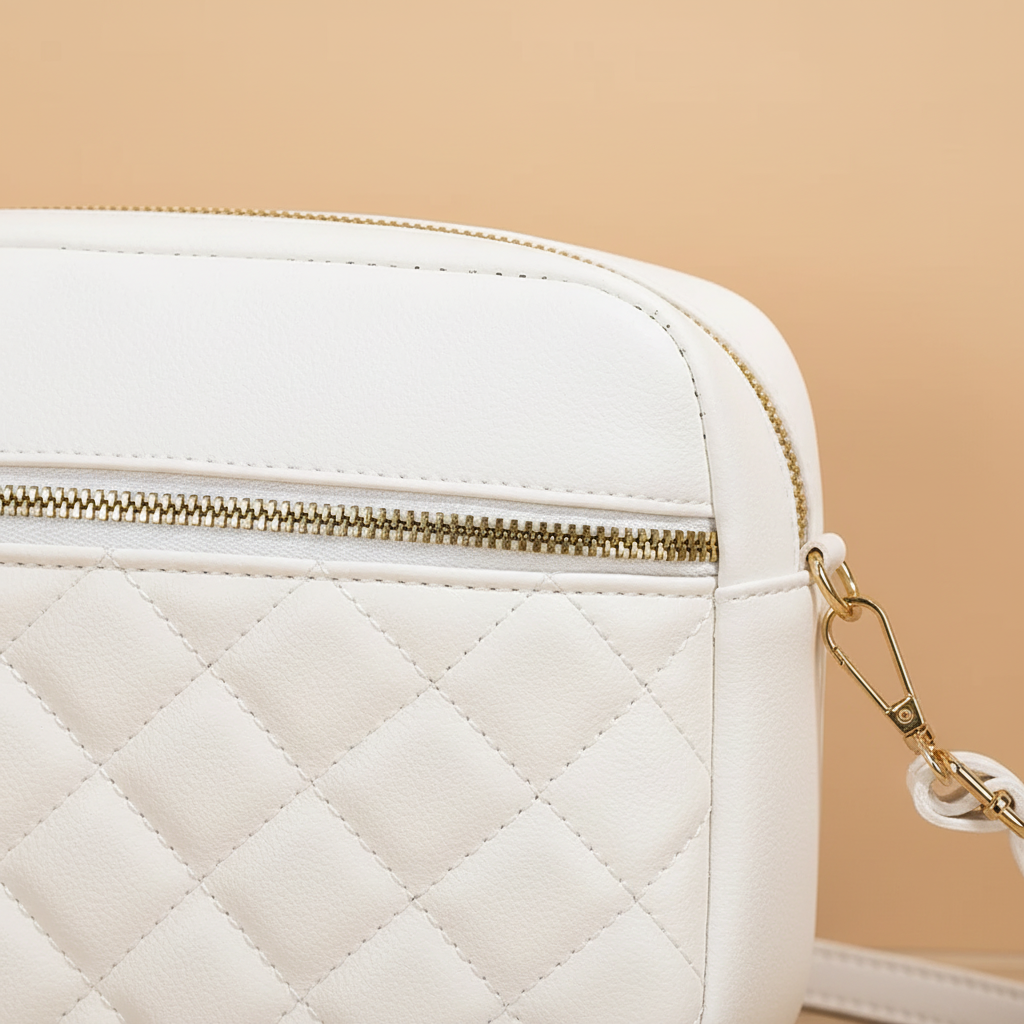 Women's white quilted handbag with shoulder strap