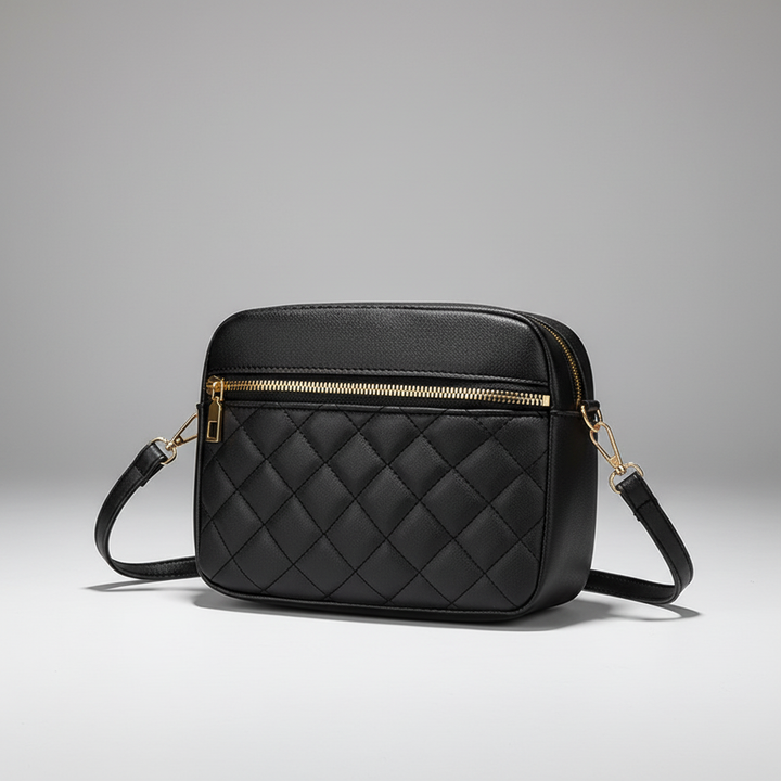 White quilted everyday purse shown from the side