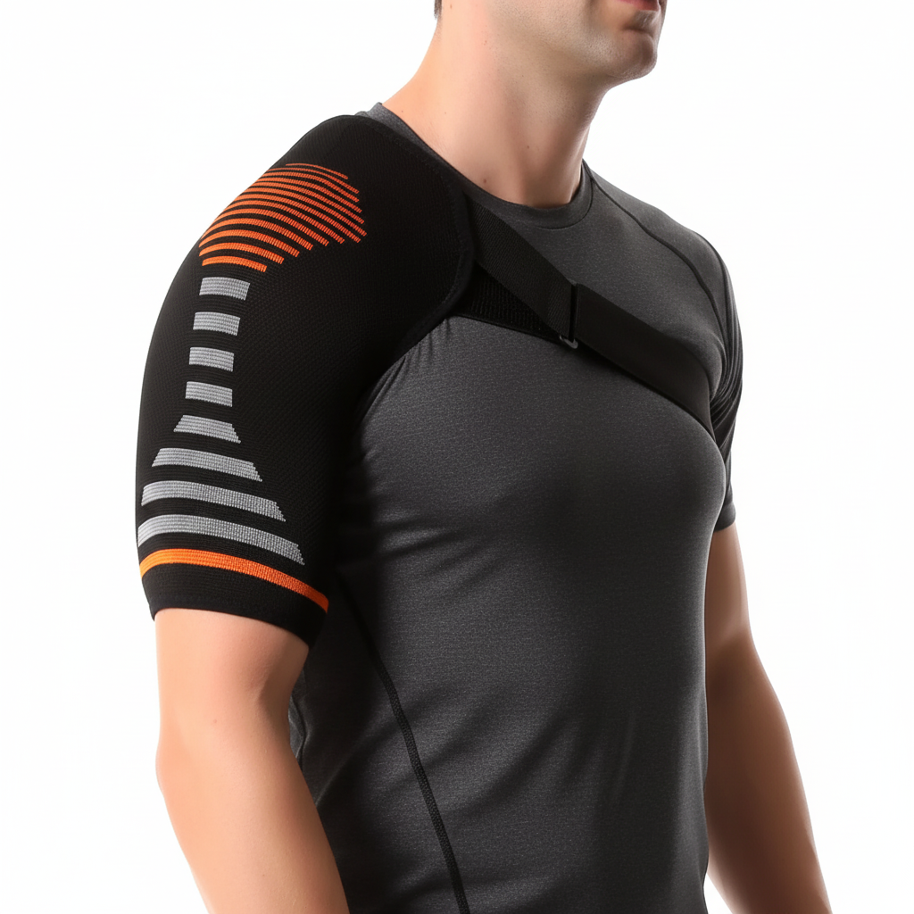 Close-up of man wearing black and orange compression shoulder support brace