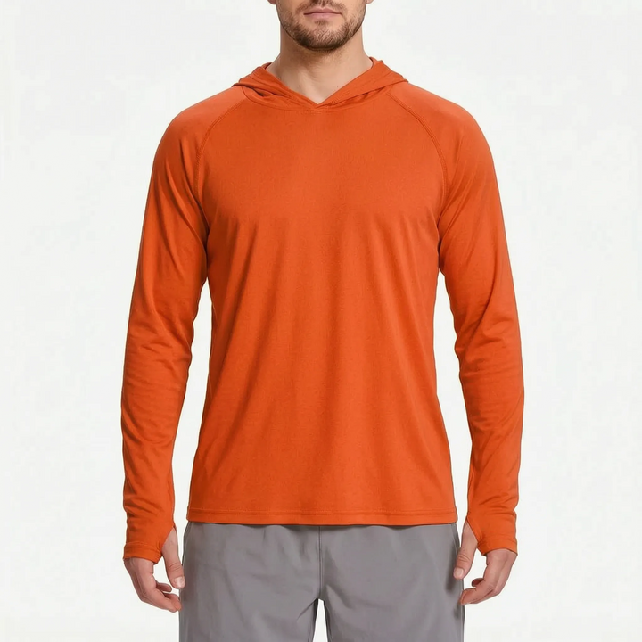 Close-up of UV protection fabric and stitching on men's athletic sun hoodie