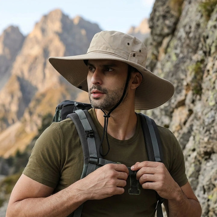 Side profile of the unisex wide-brim hat casting shade on the face