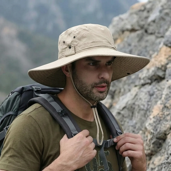 Outdoor sun protection hat showing the breathable mesh vent detail