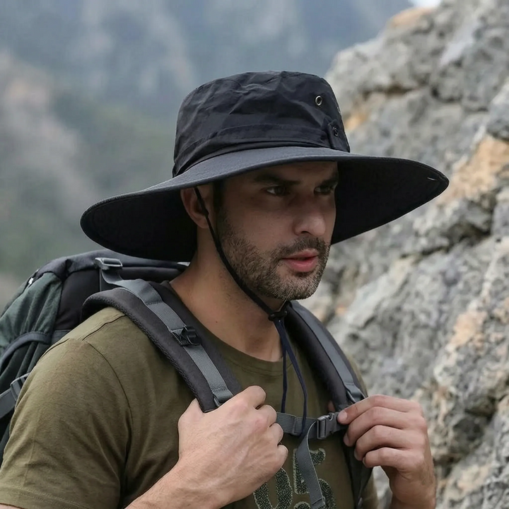 Unisex wide-brim hat packed flat, showing travel-friendly flexibility