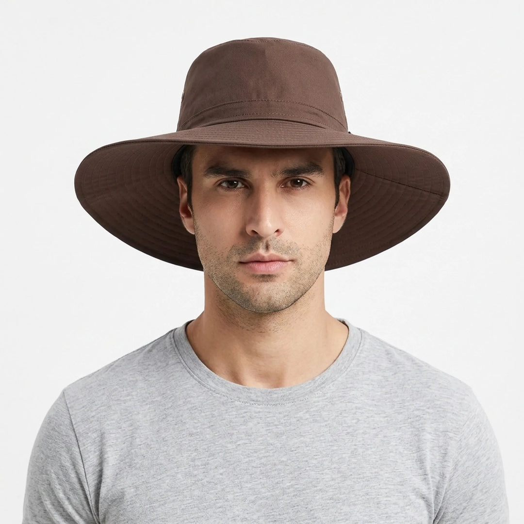 Detailed view of heavy-duty stitching on the wide brim of the hat