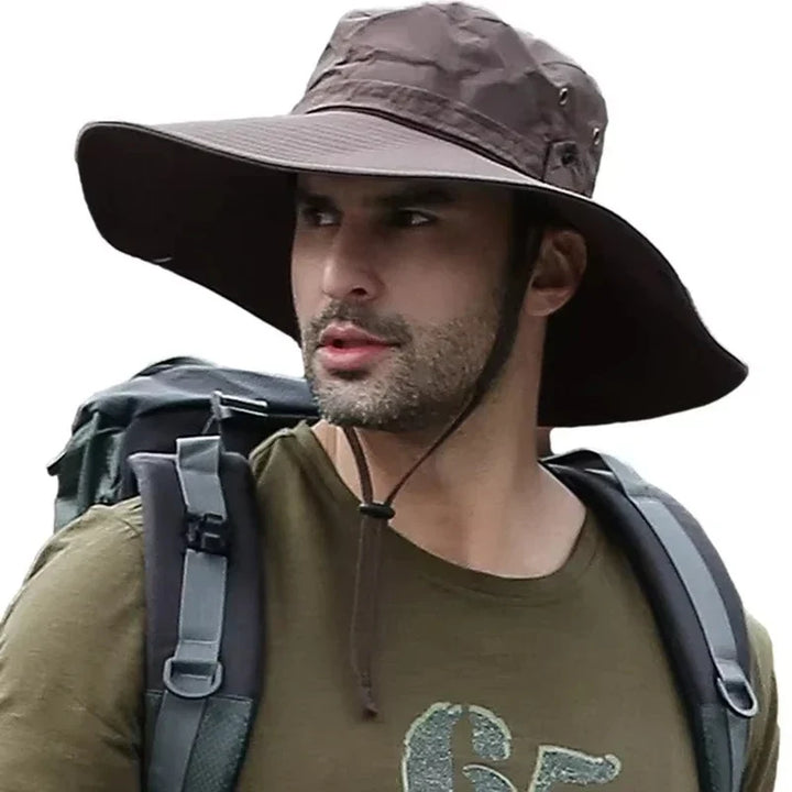 Water-resistant outdoor hat fabric being tested with water droplets