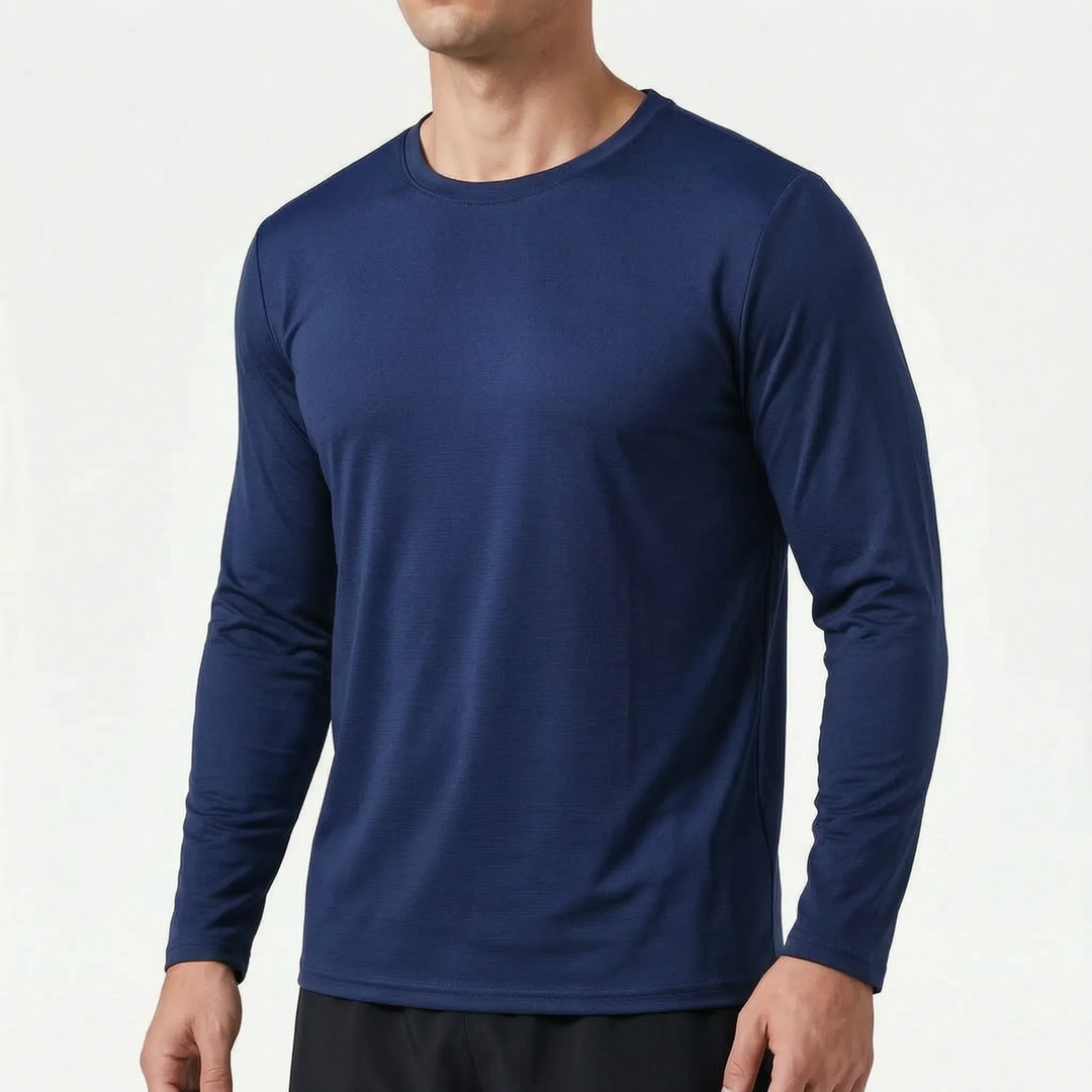 Mens long sleeve athletic sun shirt front view in breathable fabric