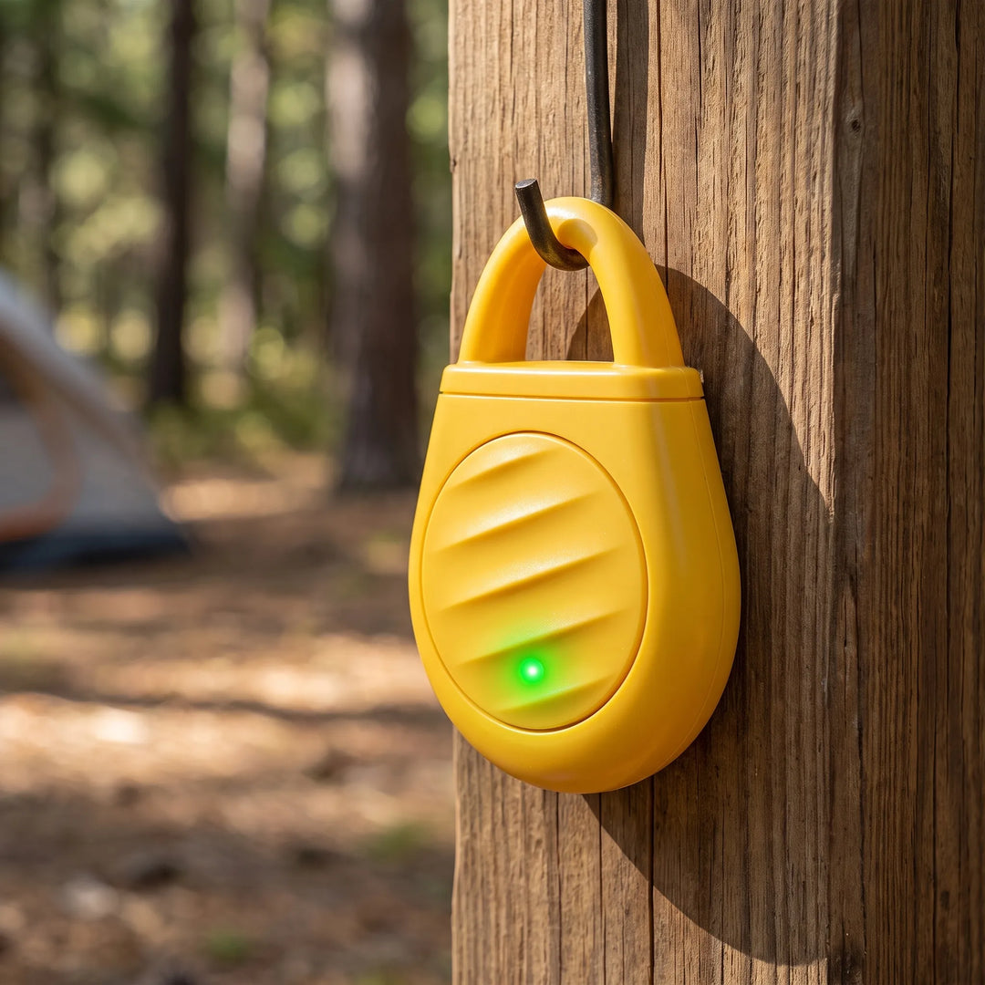 Yellow portable ultrasonic pest repeller hanging on a wooden hook outdoors