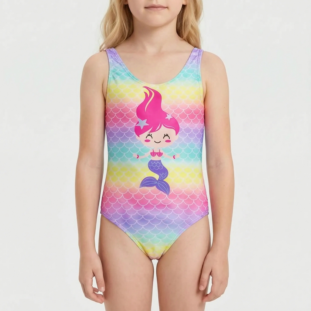 Girls swimsuit classic one-piece cut with fun cartoon motifs