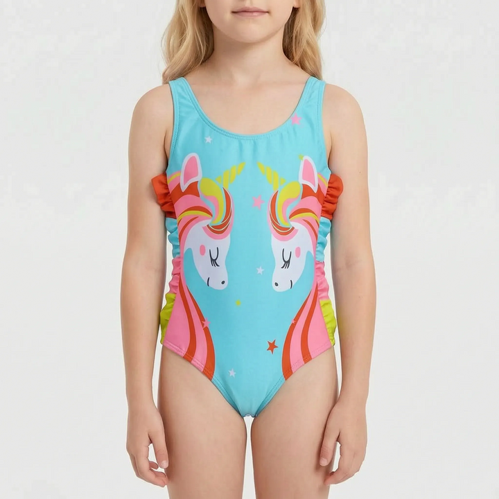Cartoon swimsuit showing playful graphics for kids' swimwear