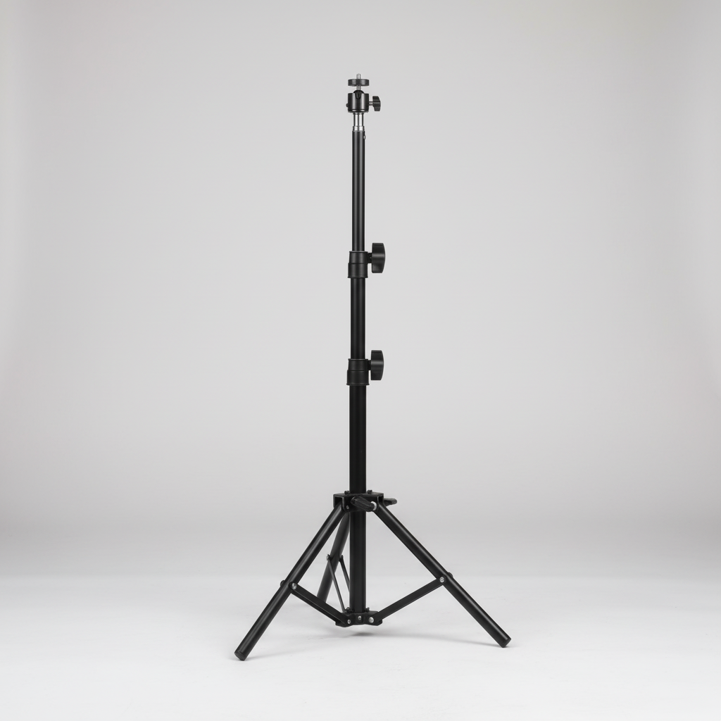 Full view of the black foldable aluminium tripod stand extended to maximum height