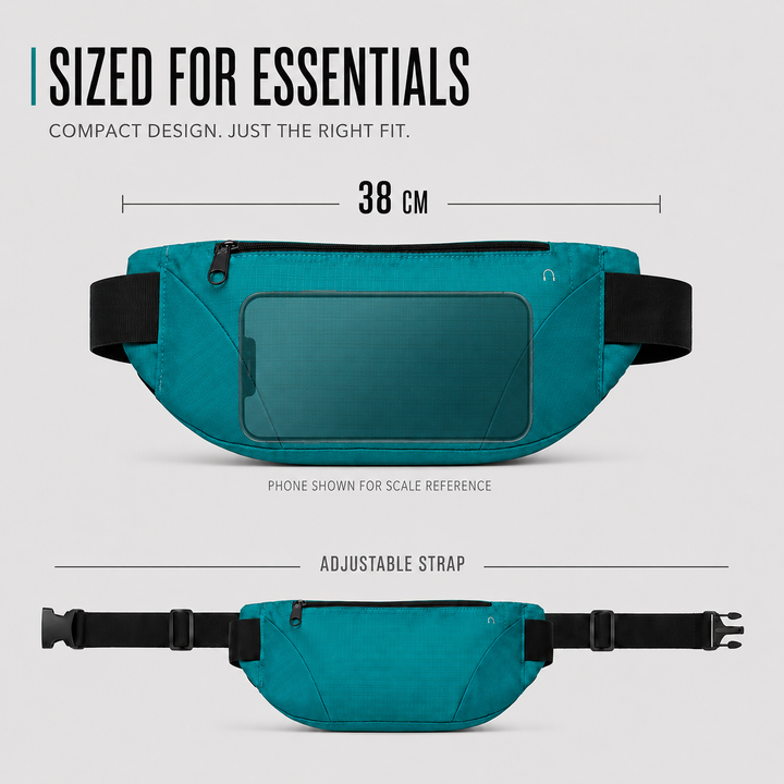 Infographic showing dimensions and adjustable strap features of the waist pack