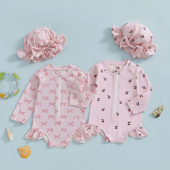 Infant rash guard swimwear with long sleeves and baby sun hat