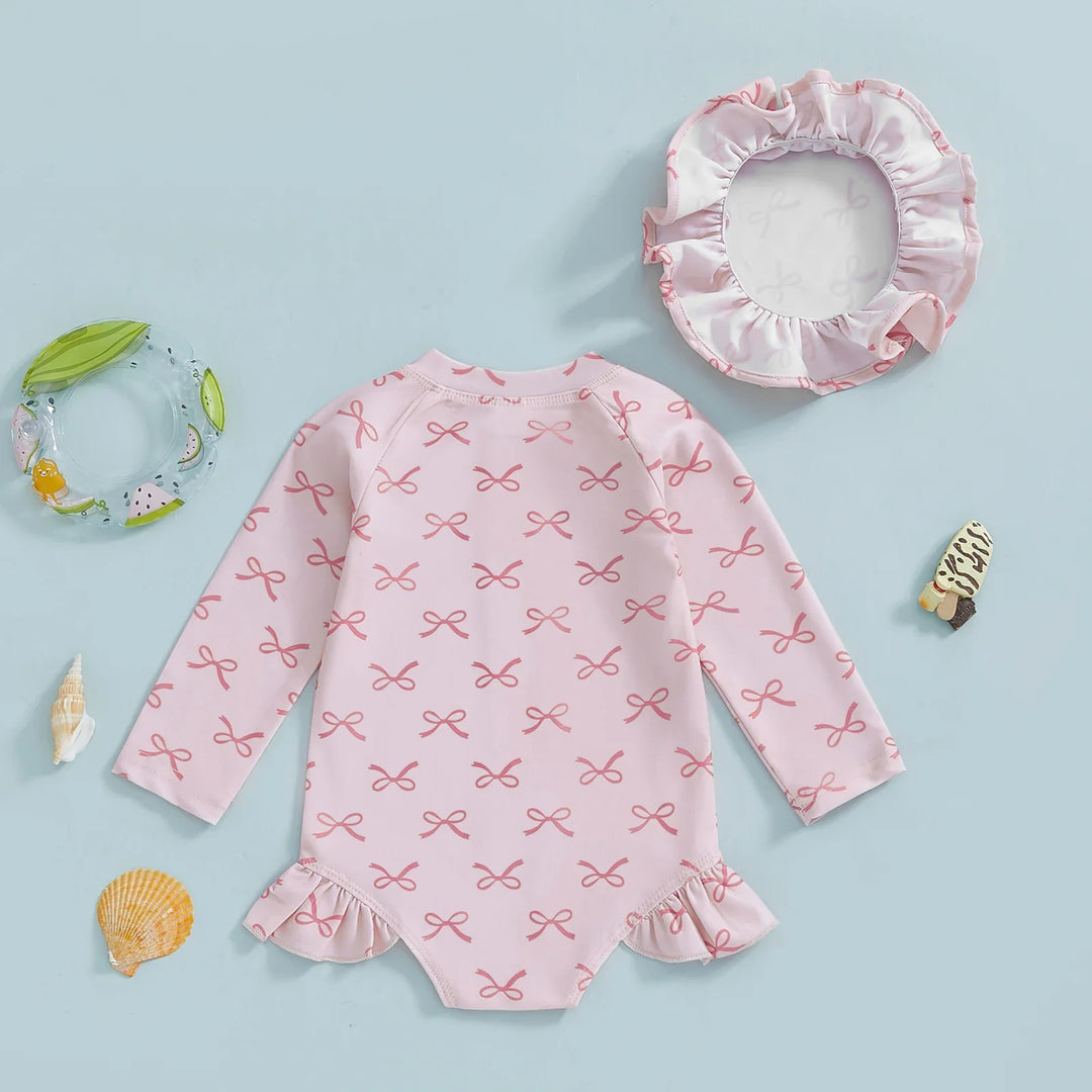 Cute summer baby clothes pink girls swimwear with UV protection hat