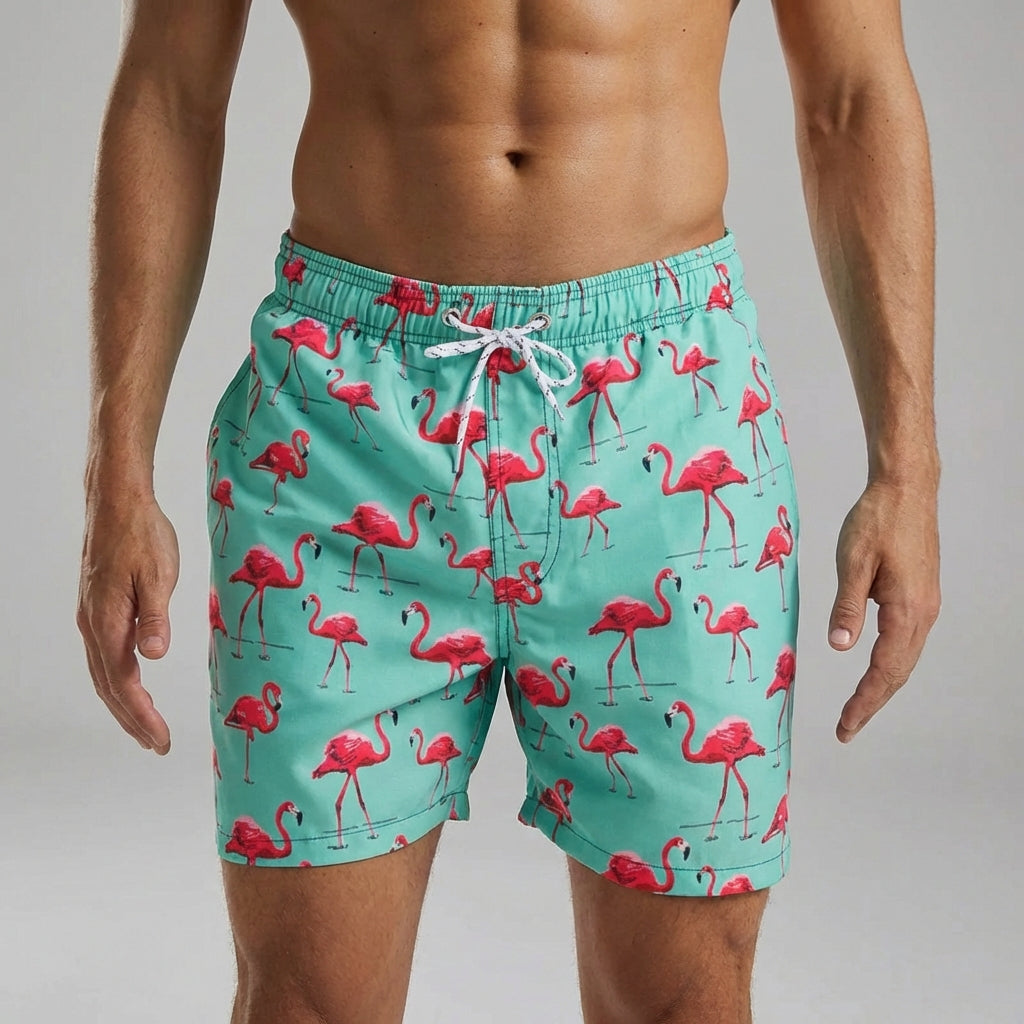 Men's beachwear swim trunks displayed flat to highlight the lightweight fabric and pockets