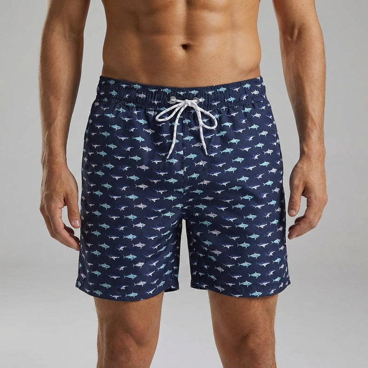 Close-up view of men's casual swim shorts fabric texture and reinforced stitching