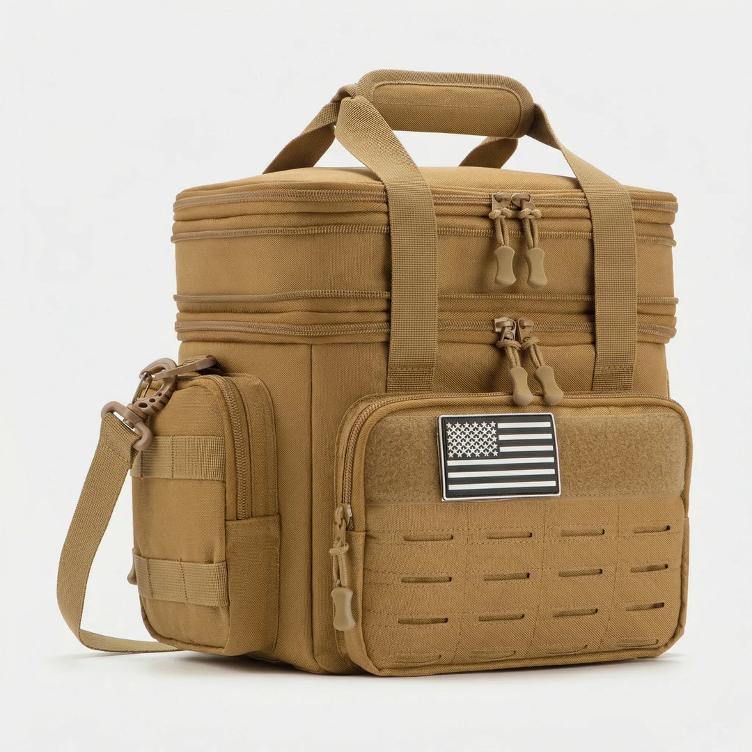 Khaki tactical insulated lunch cooler bag with American flag patch on white background