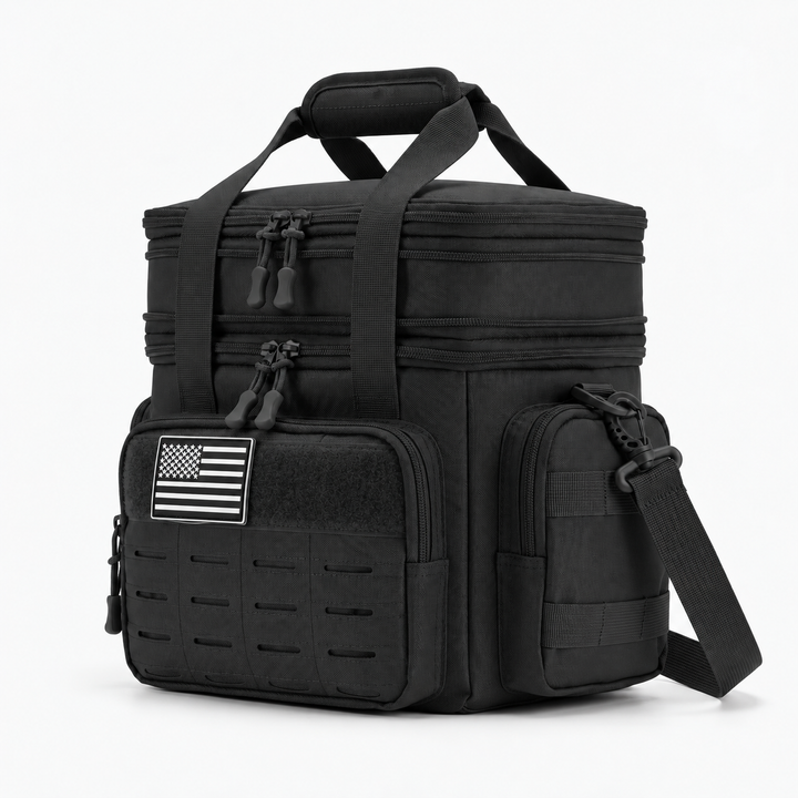 All-black insulated food container bag ideal for construction sites