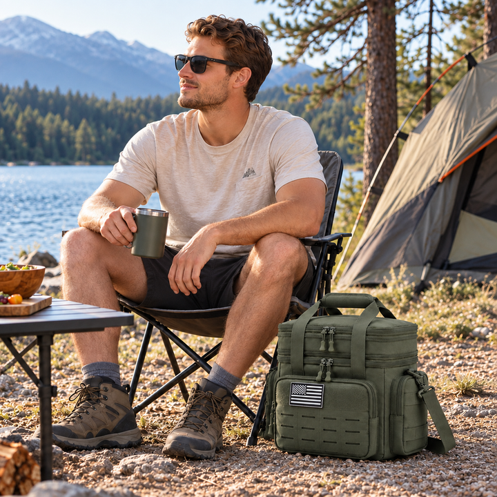 Compact tactical lunch carrier sitting upright on a flat surface