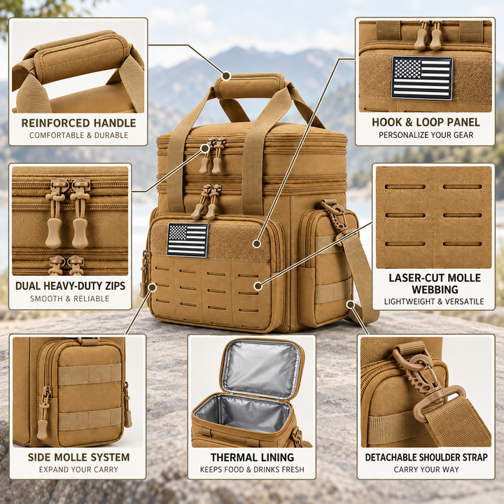 Tactical insulated lunch cooler bag in black for outdoor work and camping