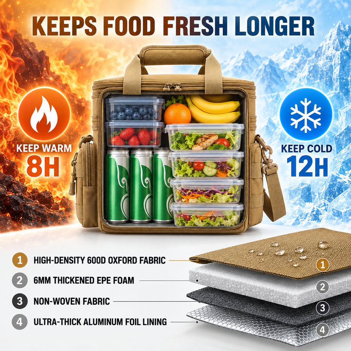 Durable thermal lunch box with heavy-duty straps and modular webbing