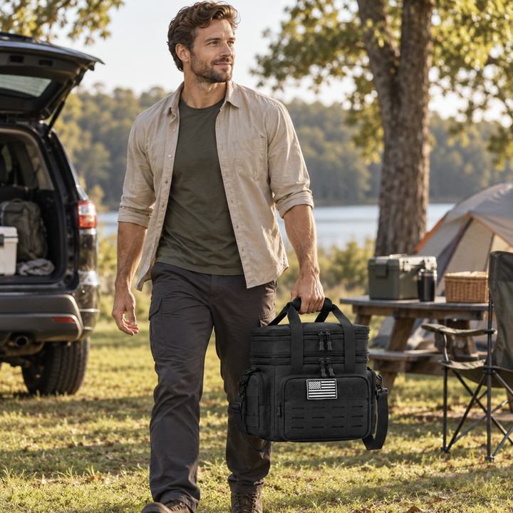 Tactical lunch box back view showing additional storage compartments