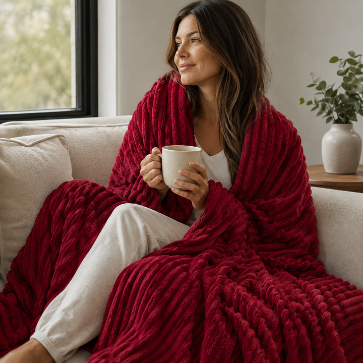 Woman wrapped in a dark red plush throw blanket holding a mug on a sofa