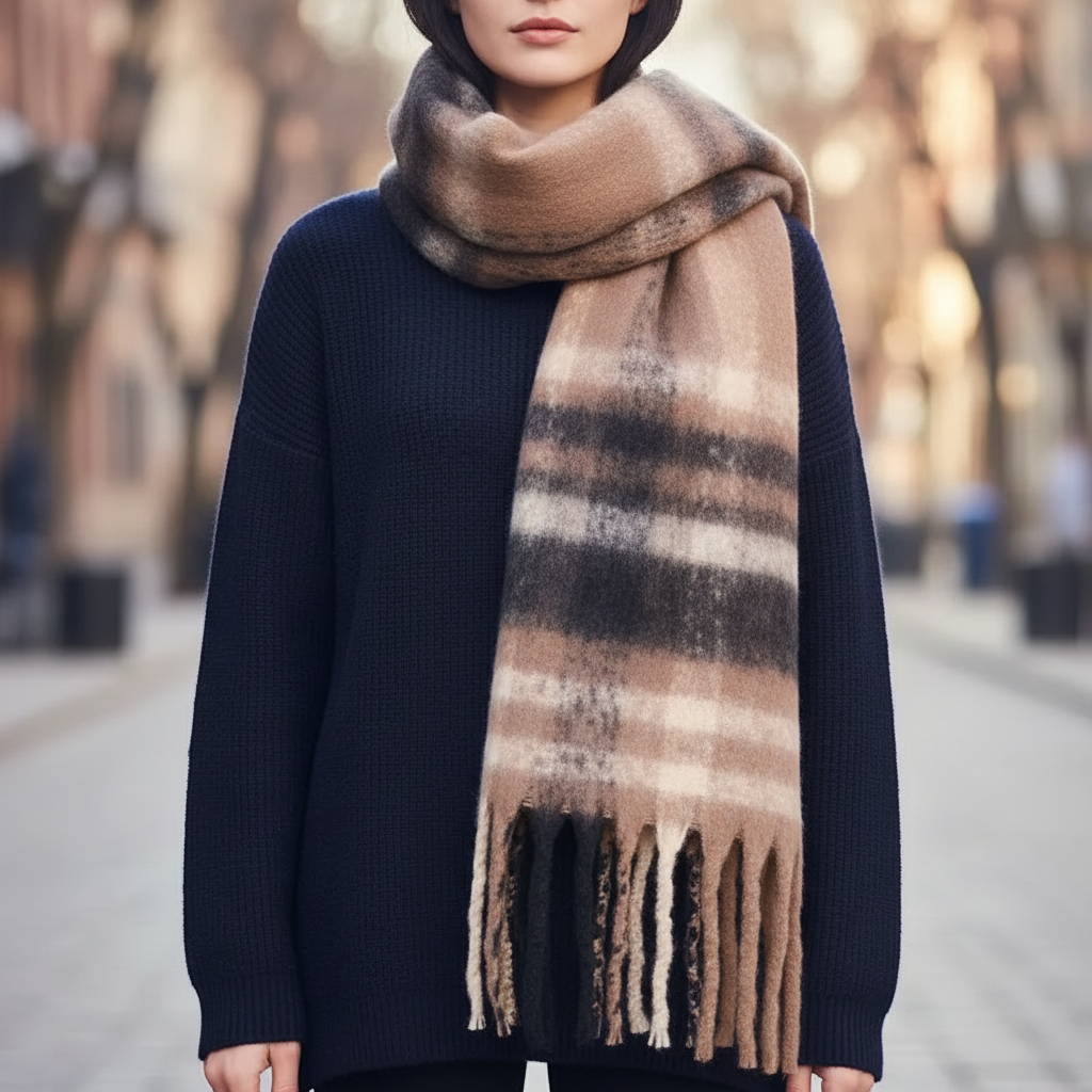 Model wearing a thick winter plaid wrap scarf outdoors