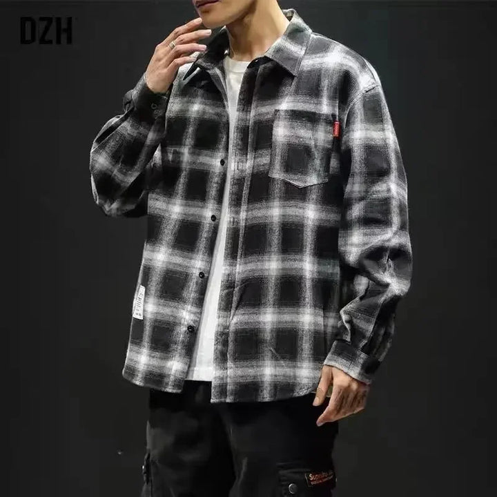 Close-up of fabric texture on mens flannel plaid overshirt