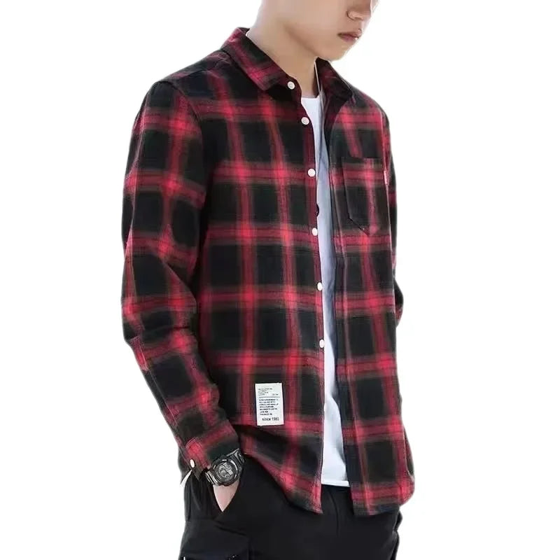Durable collar and button detail on thermal plaid overshirt