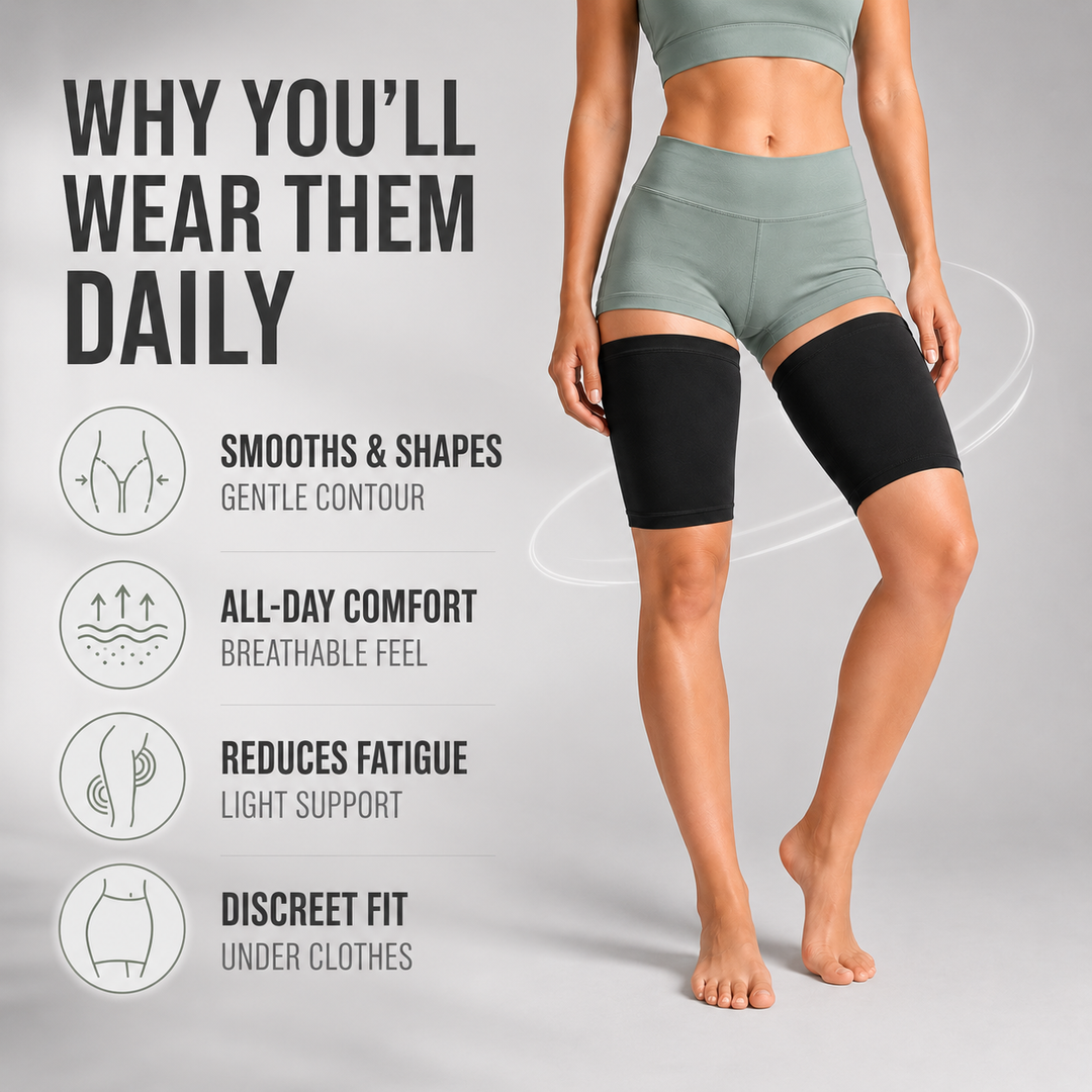 Athletic shaping bands worn on upper leg for muscle recovery
