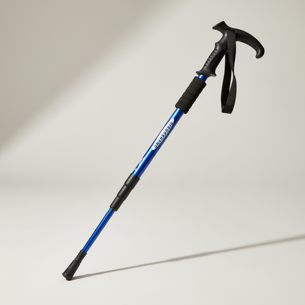 Portable folding trekking pole shown in carrying pouch