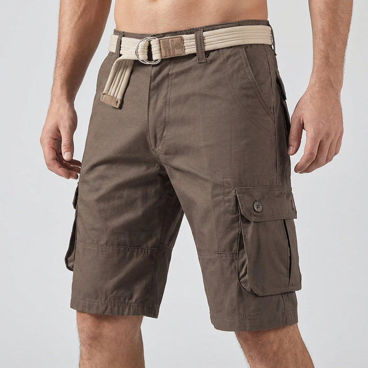 Close-up of cargo pocket detail on men's knee-length hiking shorts