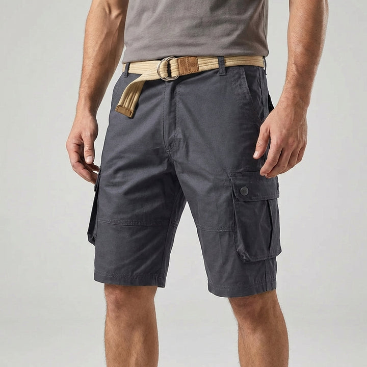 Flat lay of men's outdoor wear utility cargo shorts for hiking