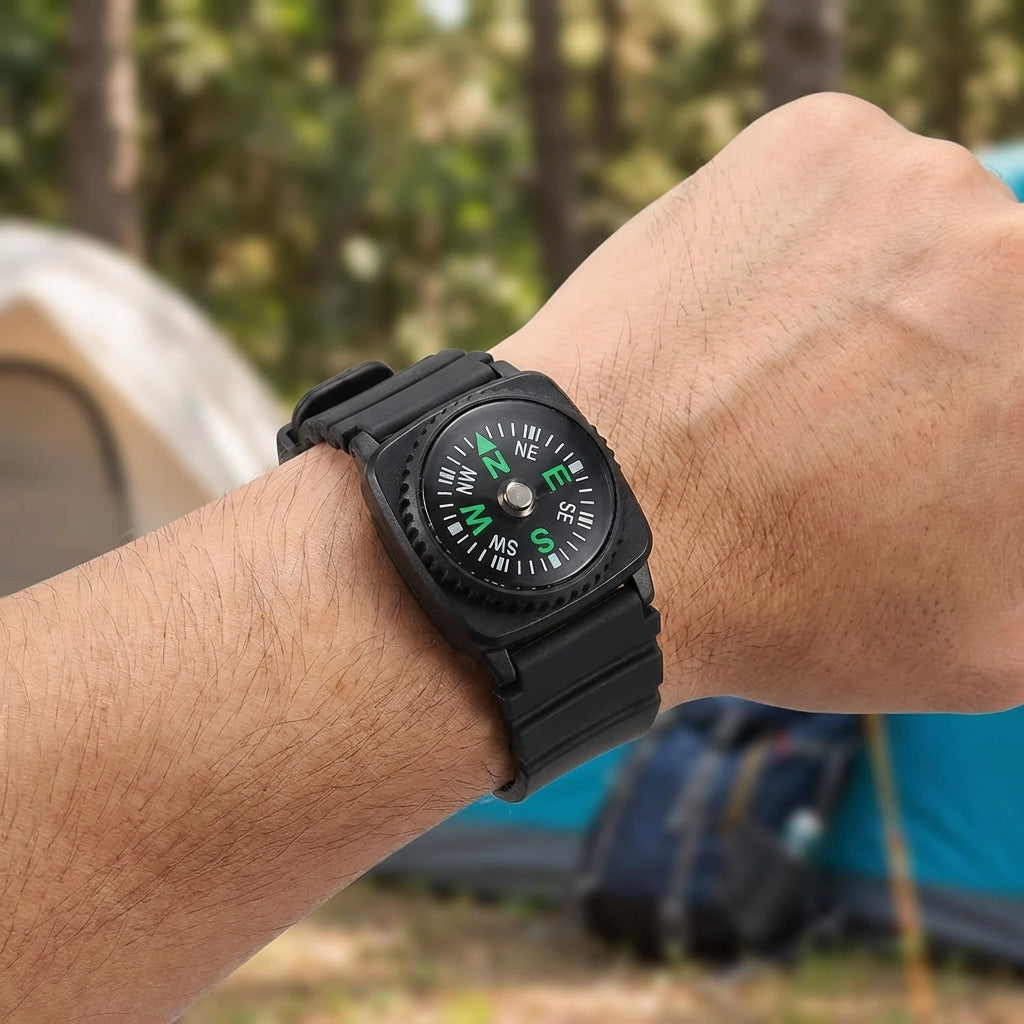 Mini detachable wrist compass attached to a black watch strap on a hiker's wrist outdoors