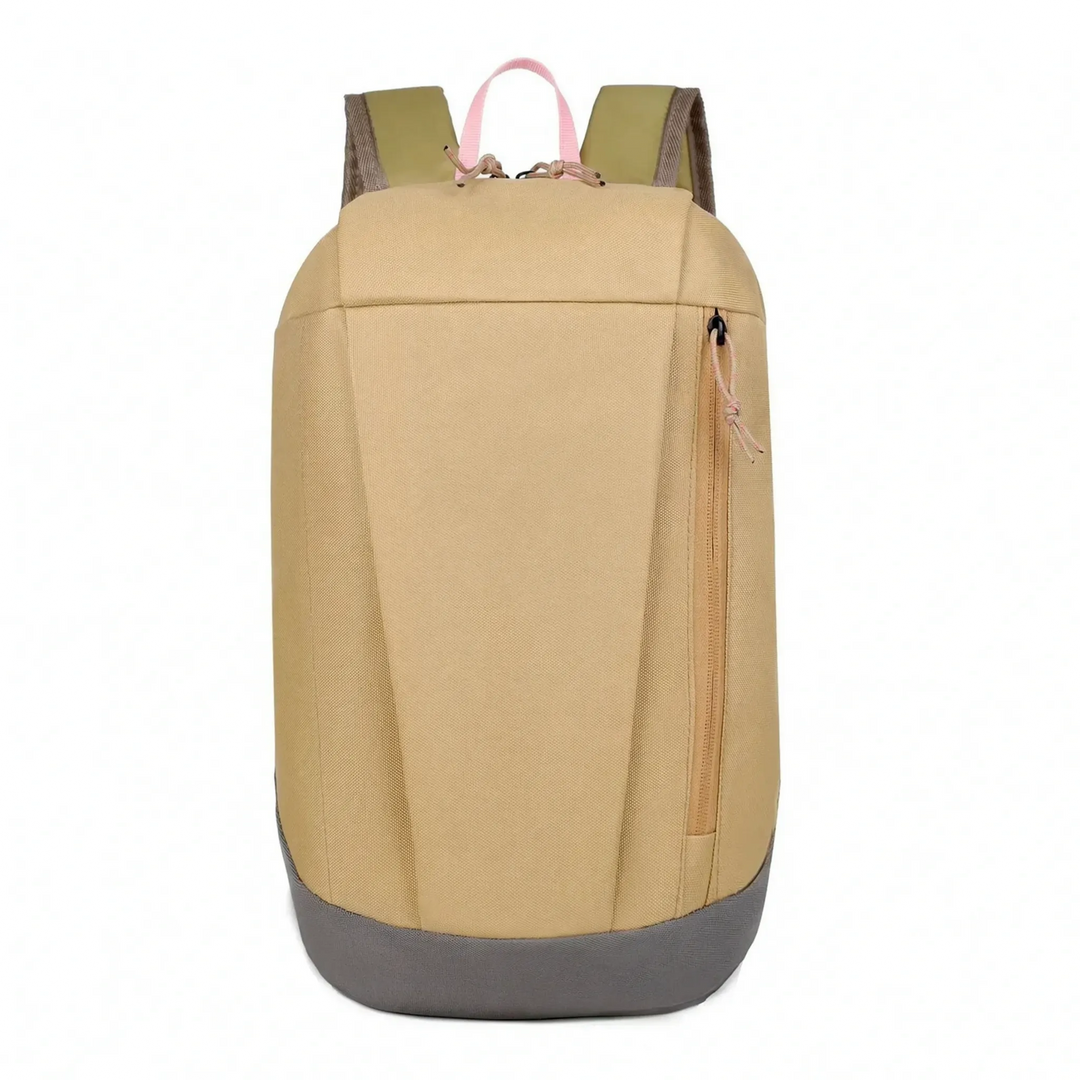 Small travel backpack featuring front zippered storage pocket