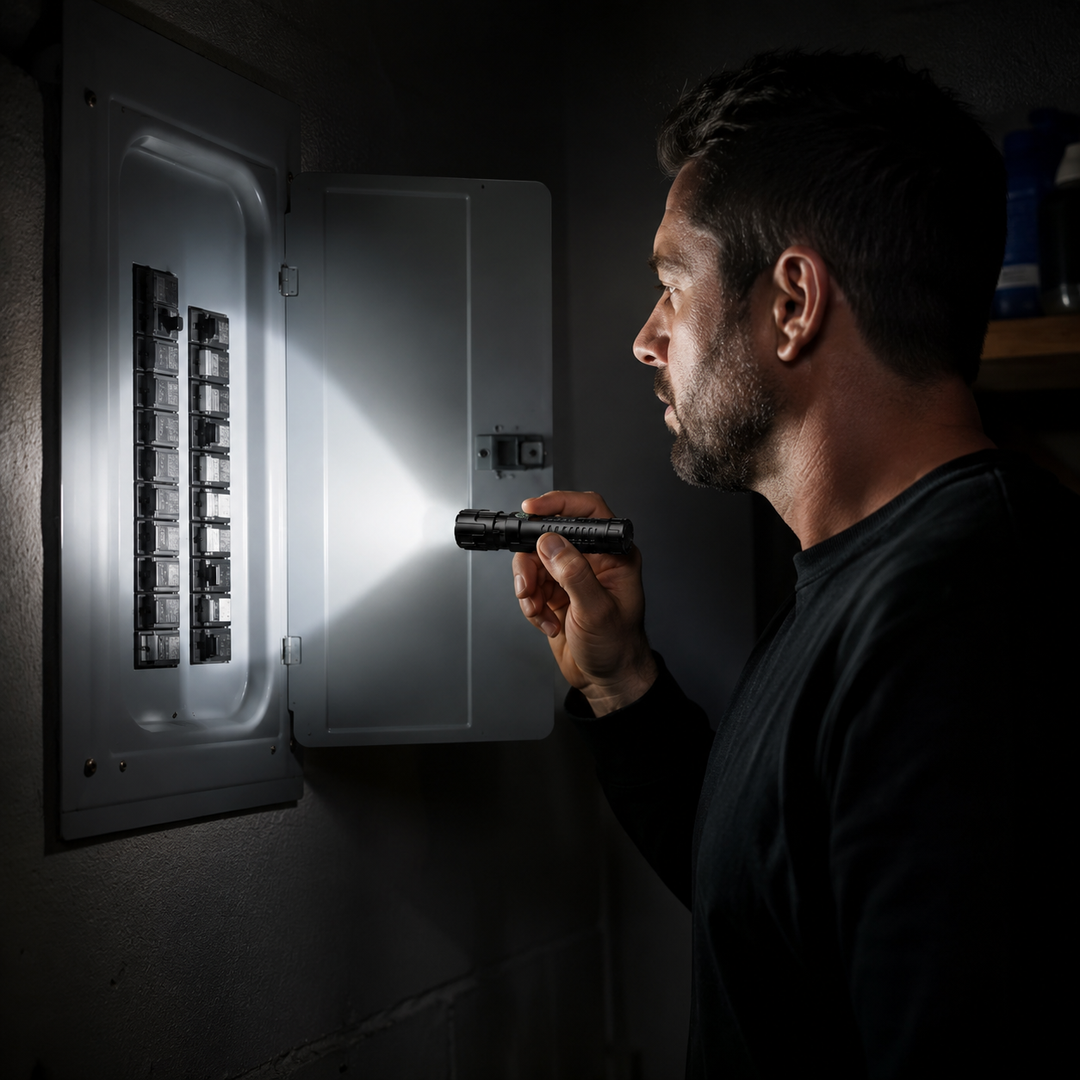 Focused spotlight beam from the tactical outdoor adventure flashlight
