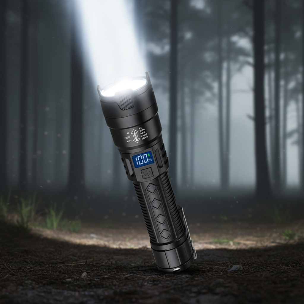 Vantorix high power rechargeable torch emitting a bright beam in a dark forest